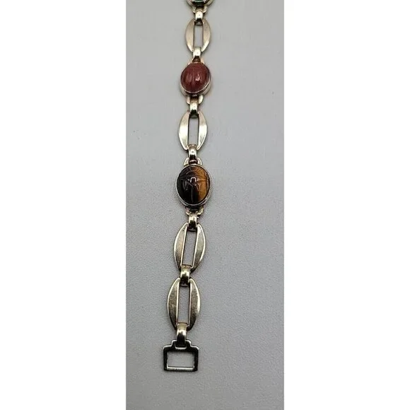14k W. E. Richards Co. Symmetalic Sterling & Scarab Bracelet 6" Gemstones 1940s - Picture 10 of 15